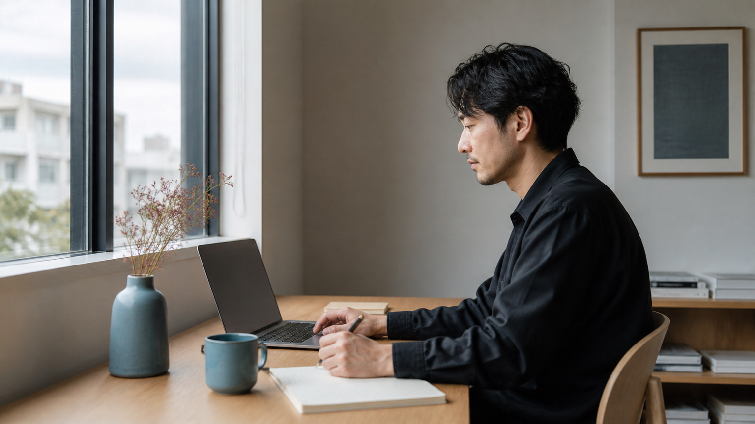 自然光の入る静かな席で集中して作業するメンバー