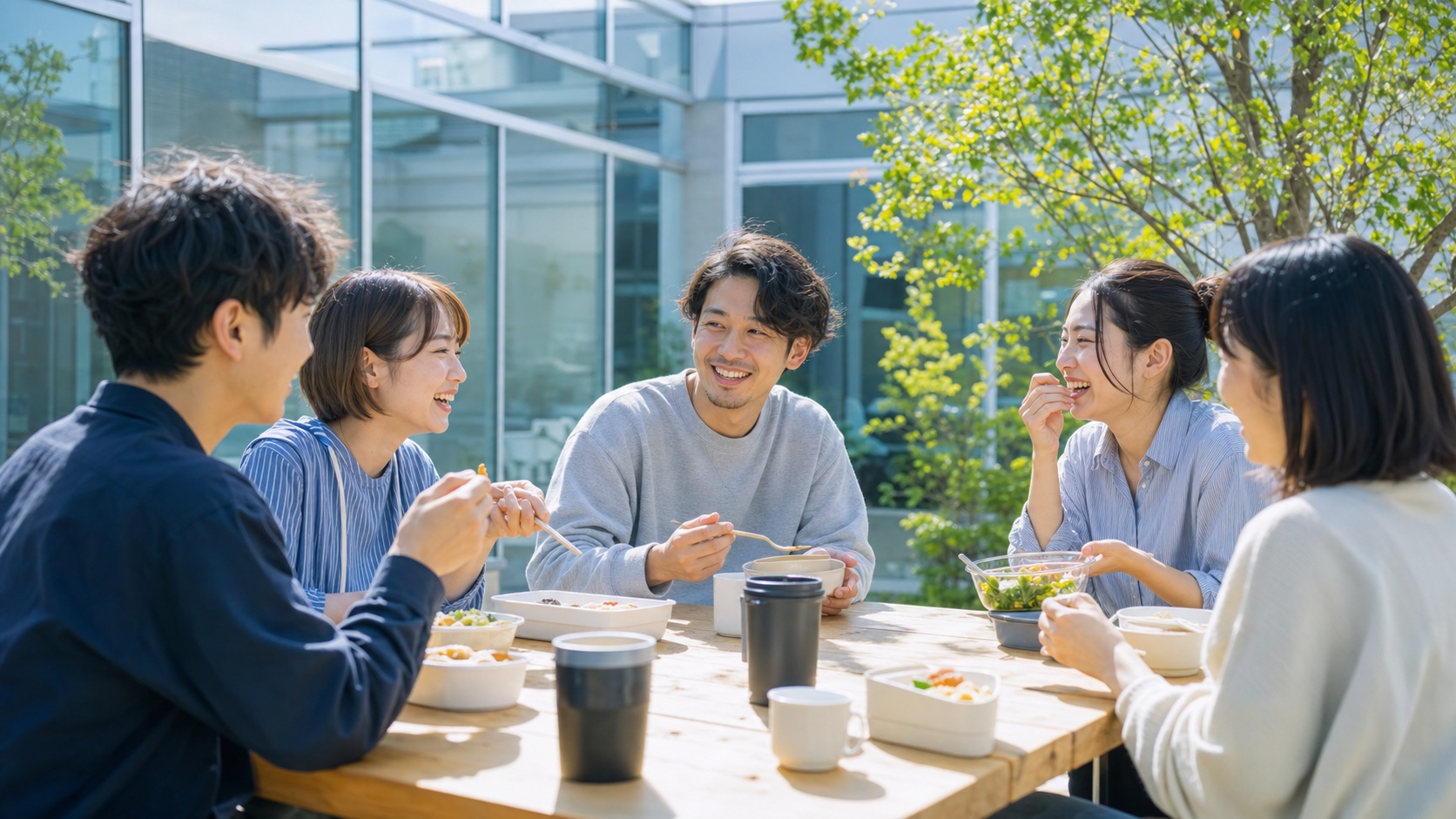 中庭でランチを楽しむチーム