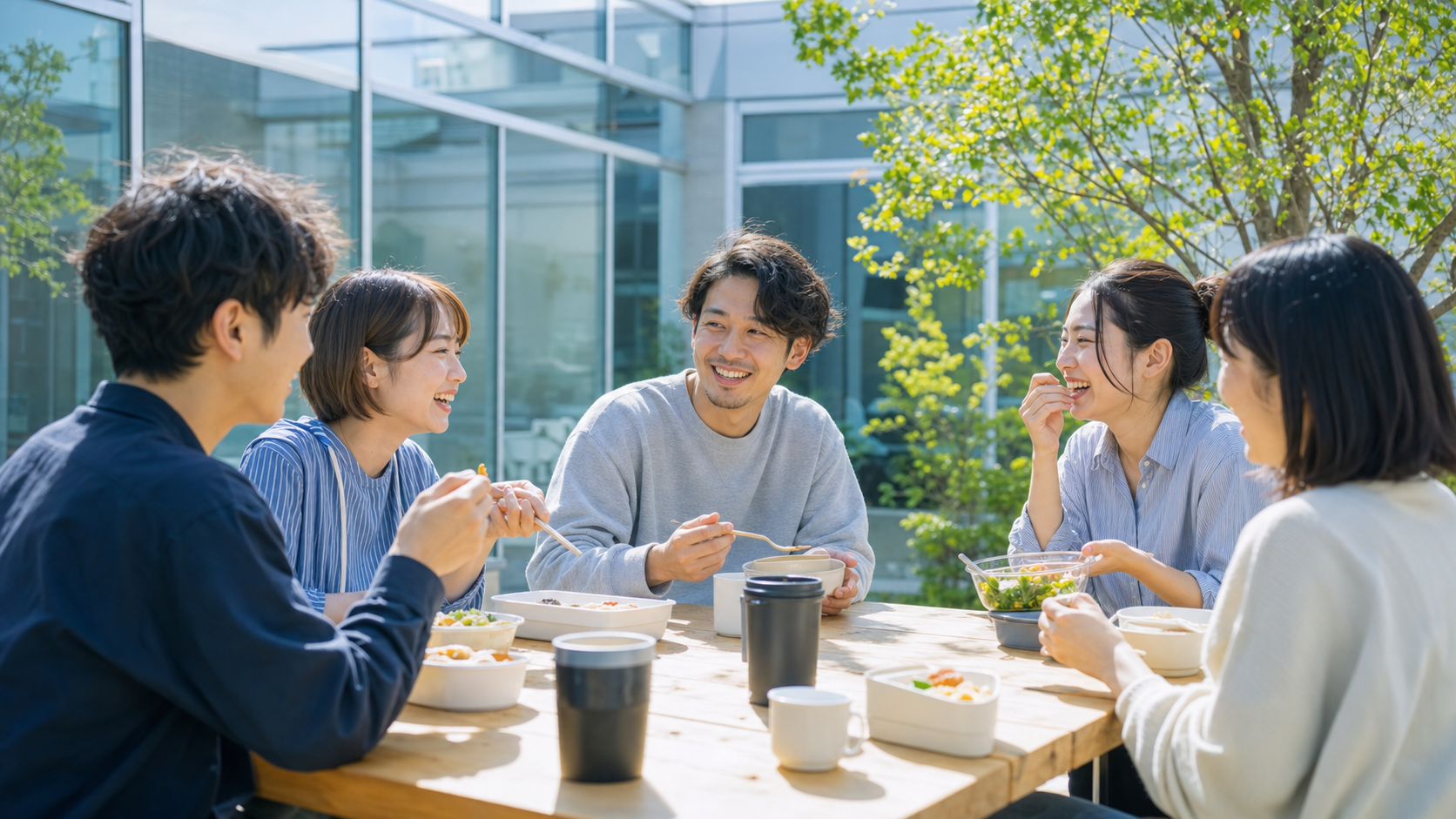 中庭でランチを楽しむチーム