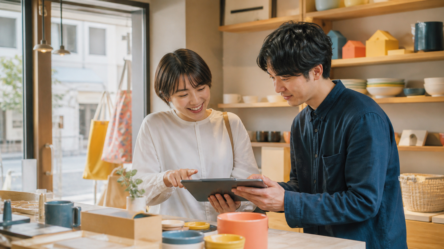地域の店舗でサービスを試しながら話す利用者とデザイナー