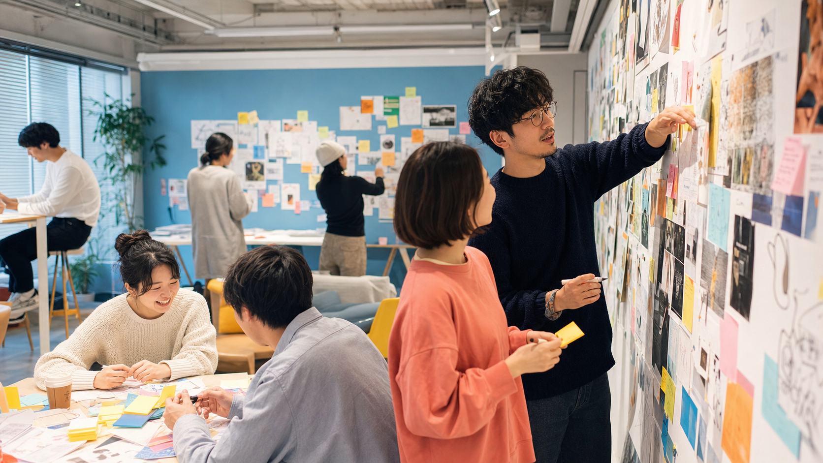 アイデアと試作品を囲んで話すクリエイティブチーム