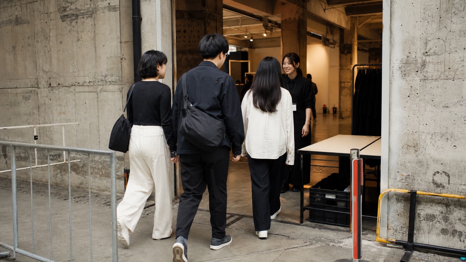 コンクリート倉庫の入口で来場者を迎えるスタッフと観客