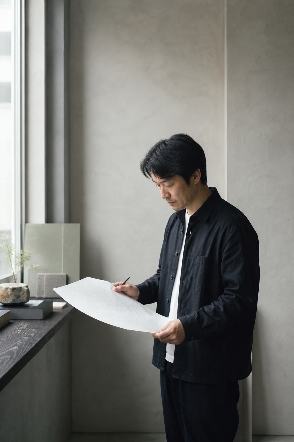 窓辺でトレーシングペーパーを確認する建築家