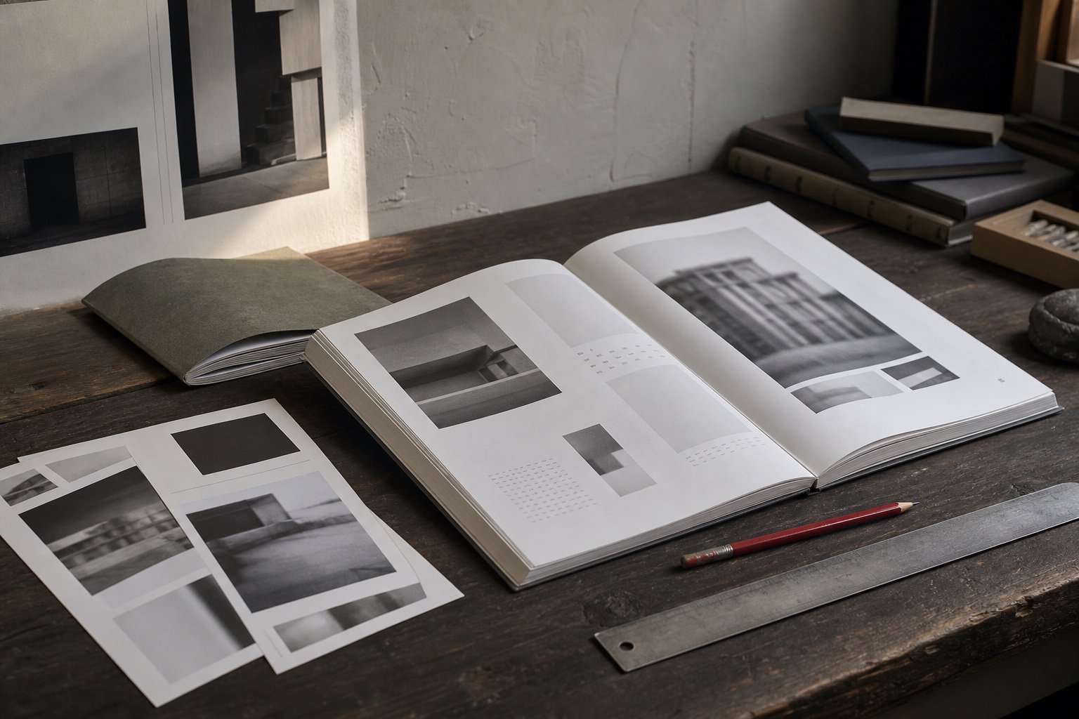 建築誌と写真校正紙を広げた編集机