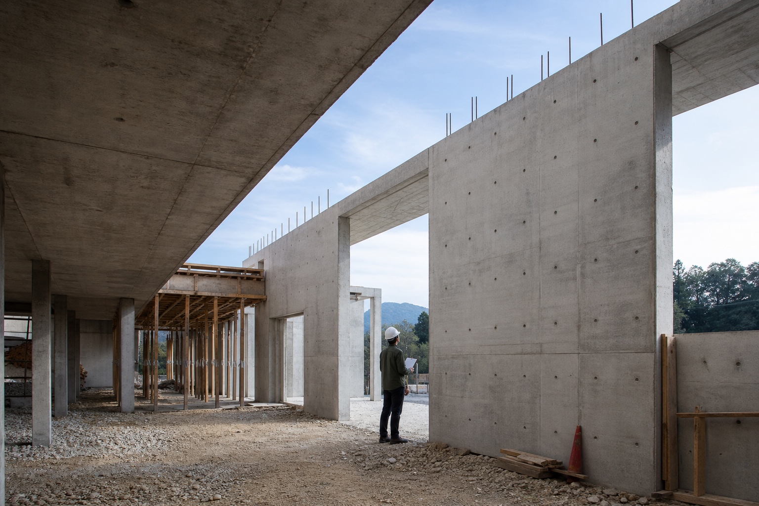 コンクリート躯体を見上げて確認する建築家