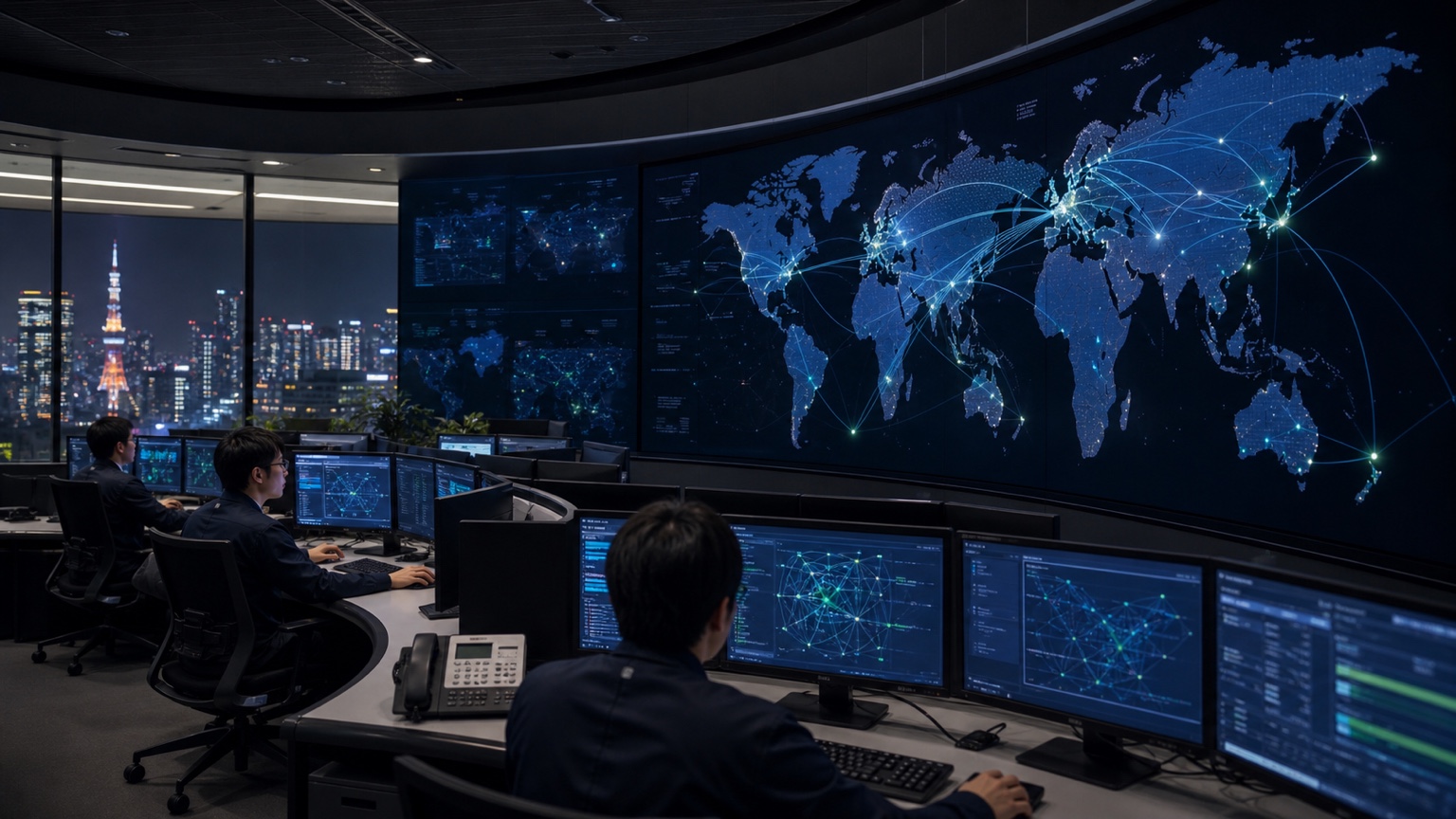 世界各地の稼働状況を監視する東京のネットワークオペレーションセンター