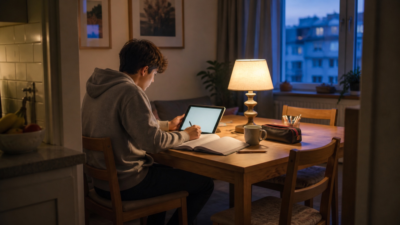 夕方の家庭でタブレットとノートを使って学ぶ生徒