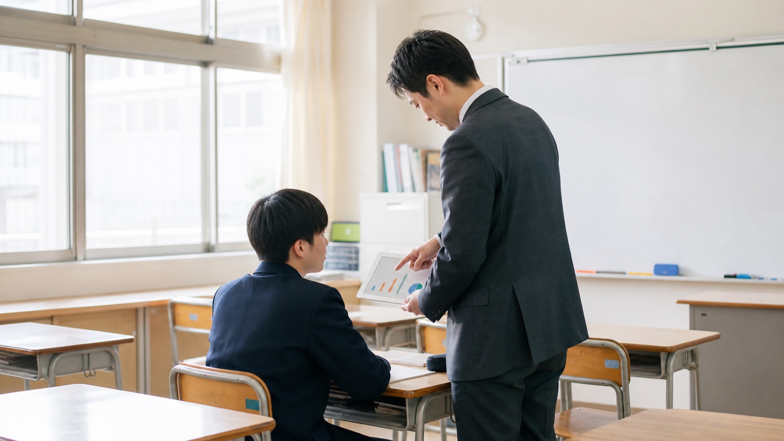 教室で先生と生徒が学習状況を確認する様子