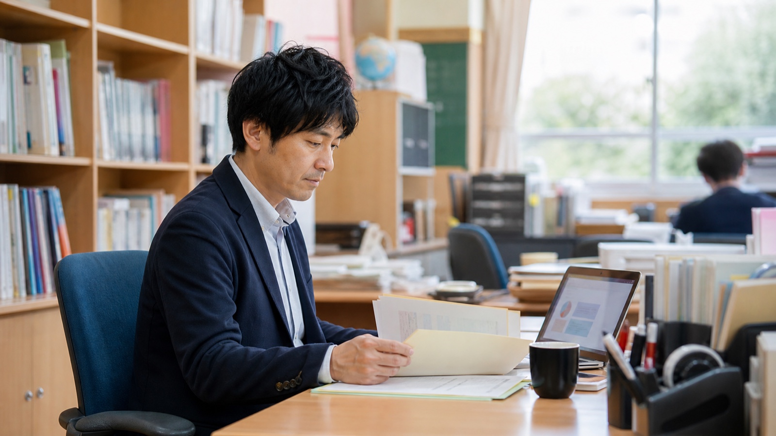 職員室で生徒の学習進捗を確認する先生