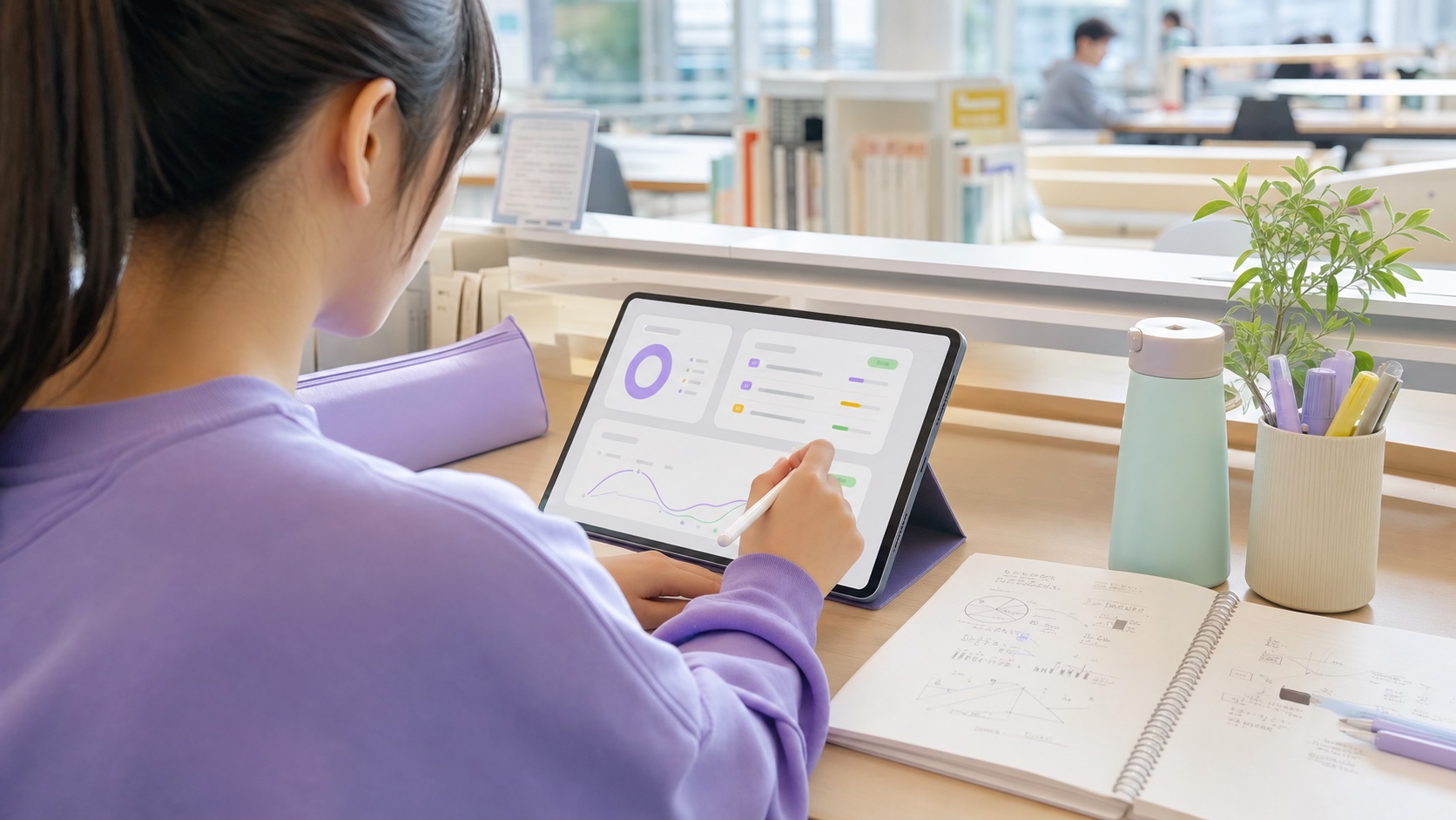 図書館でタブレット学習に取り組む大学生