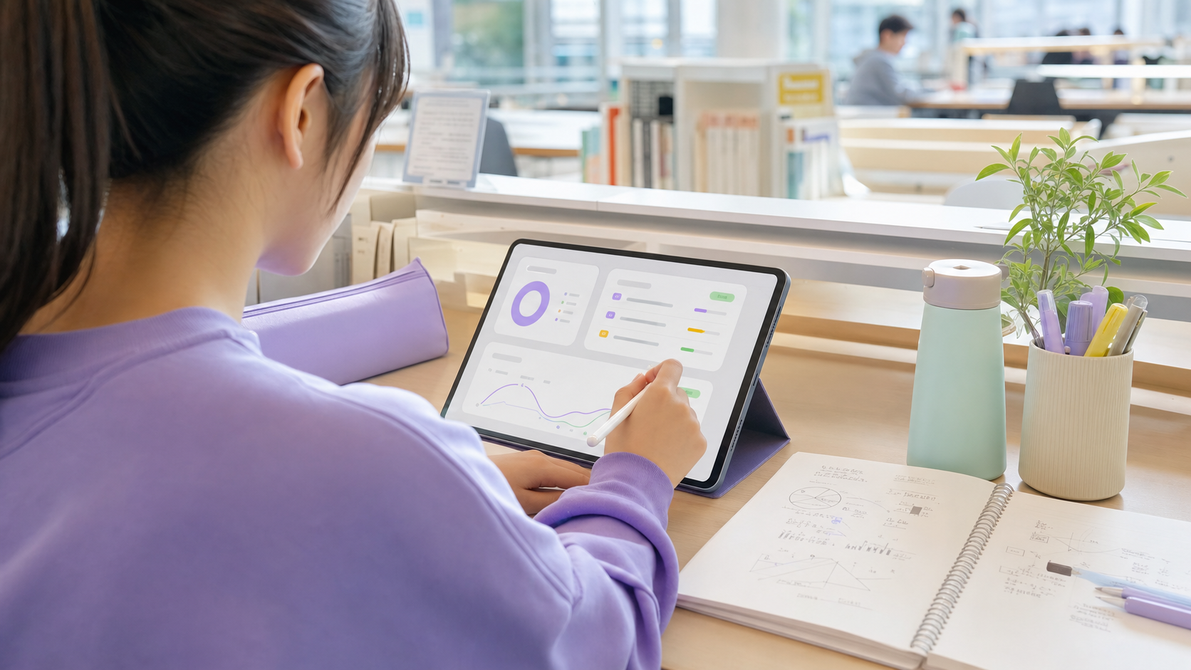 図書館でタブレット学習に取り組む大学生
