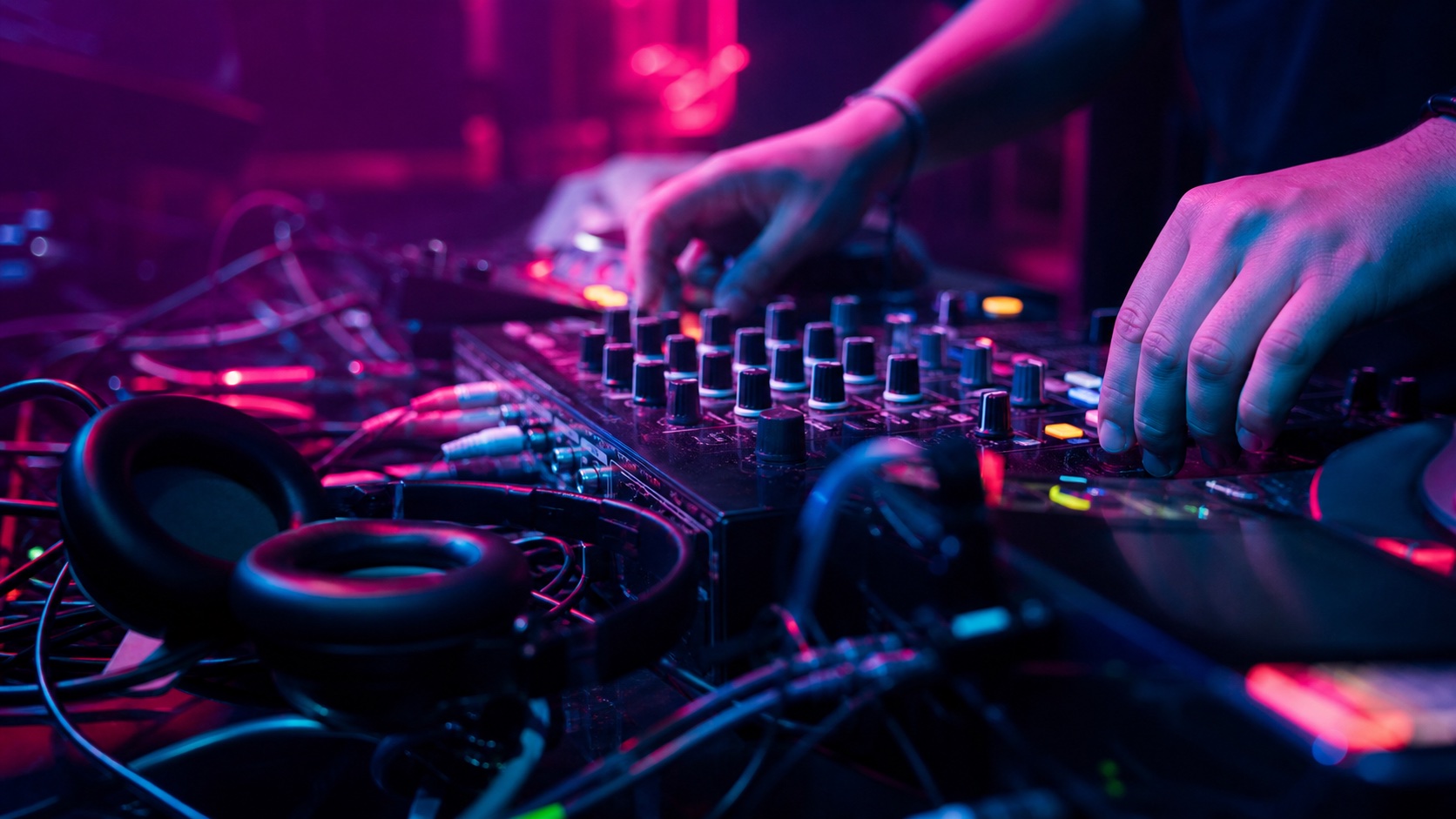 ネオンに照らされたDJ機材と演奏する手元