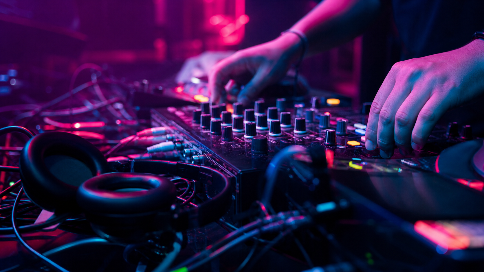 ネオンに照らされたDJ機材と演奏する手元