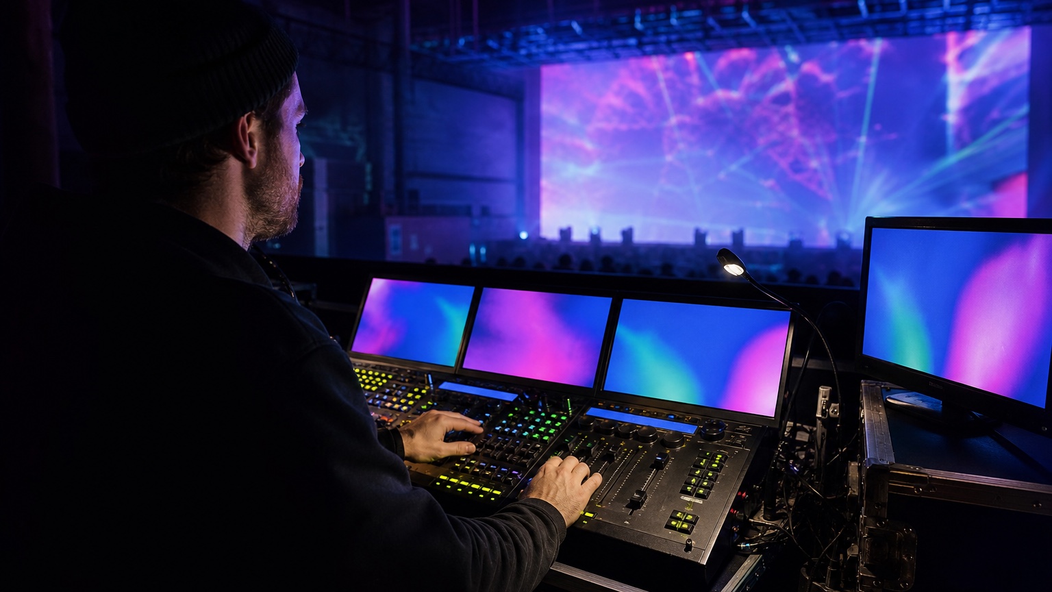 電子音楽イベントで映像と照明を操作するスタッフ