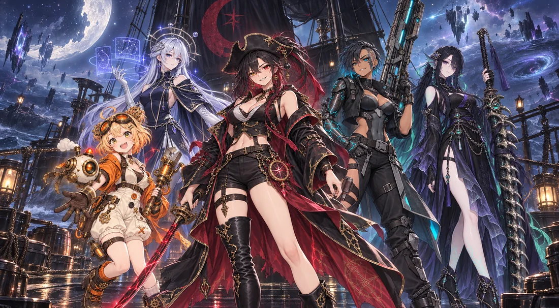 次元海賊NOCTARIA。魔導帆船に集まる5人のクルー