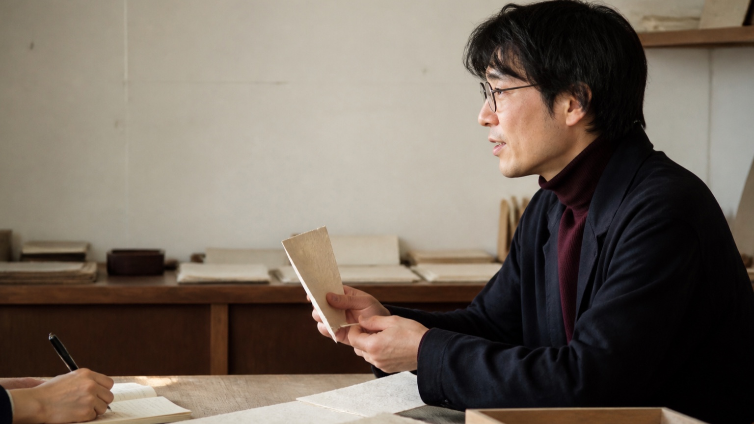 右に紙見本を持つ編集者と左下の聞き手