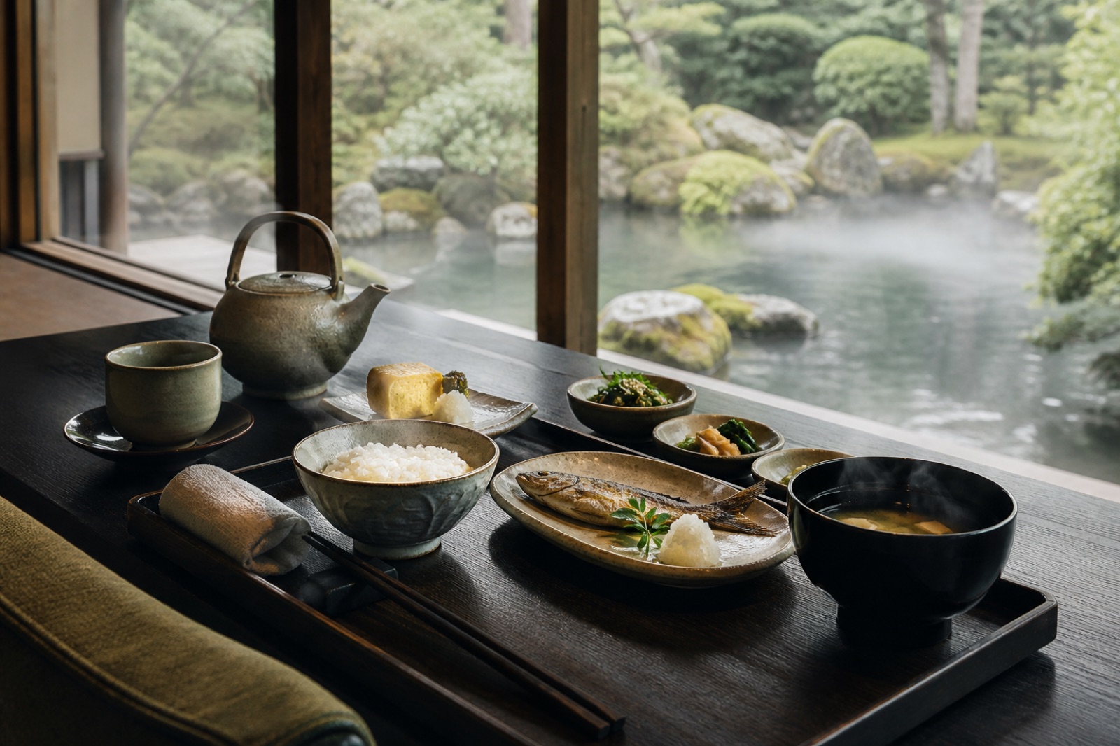 水庭を眺めながら味わう季節の和朝食