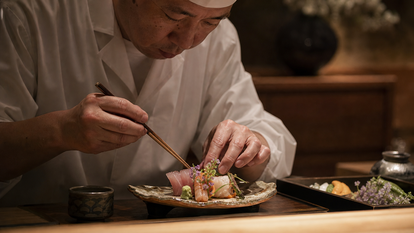 季節の会席料理を仕上げる料理人