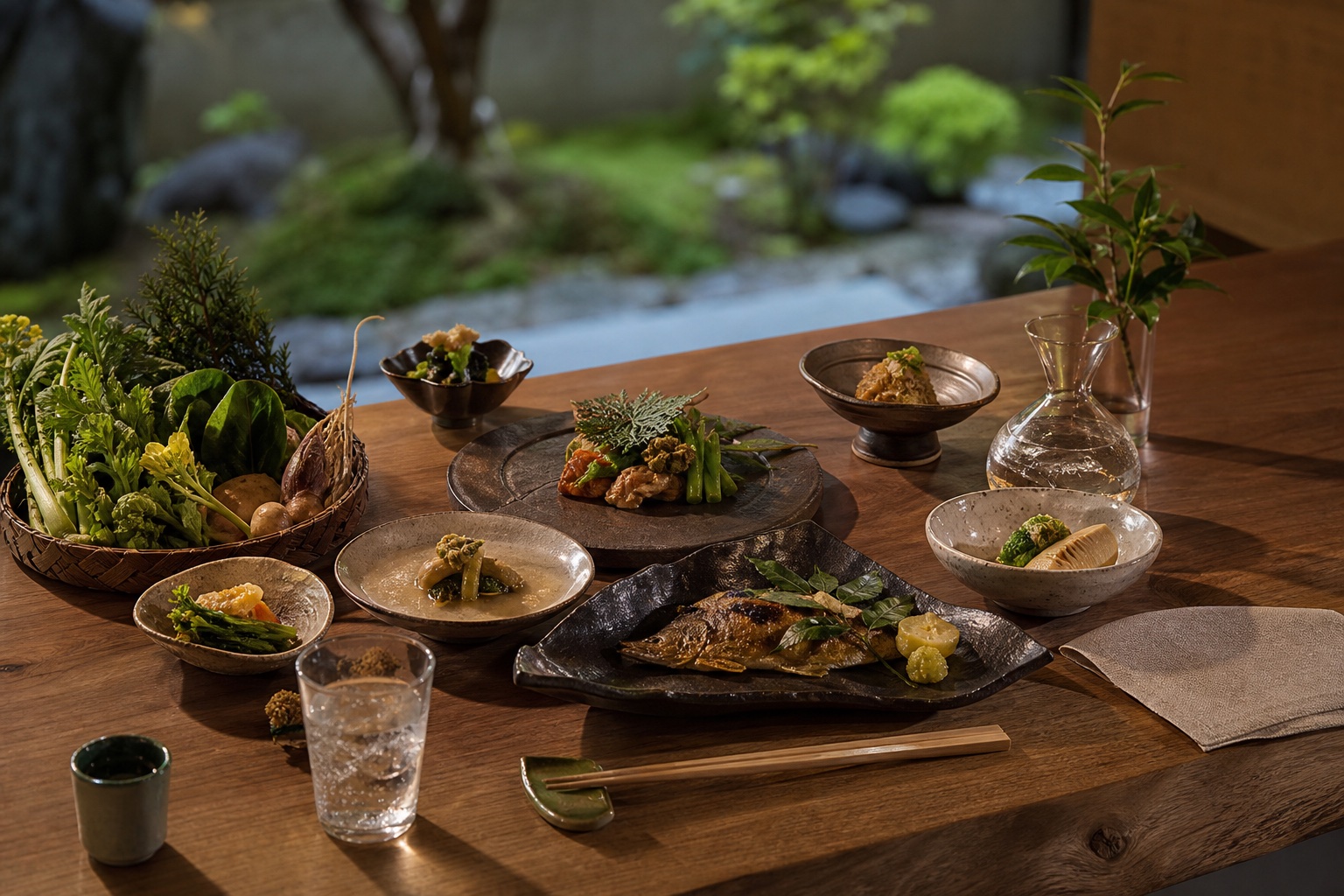 山の恵みを盛り付けた季節の会席料理