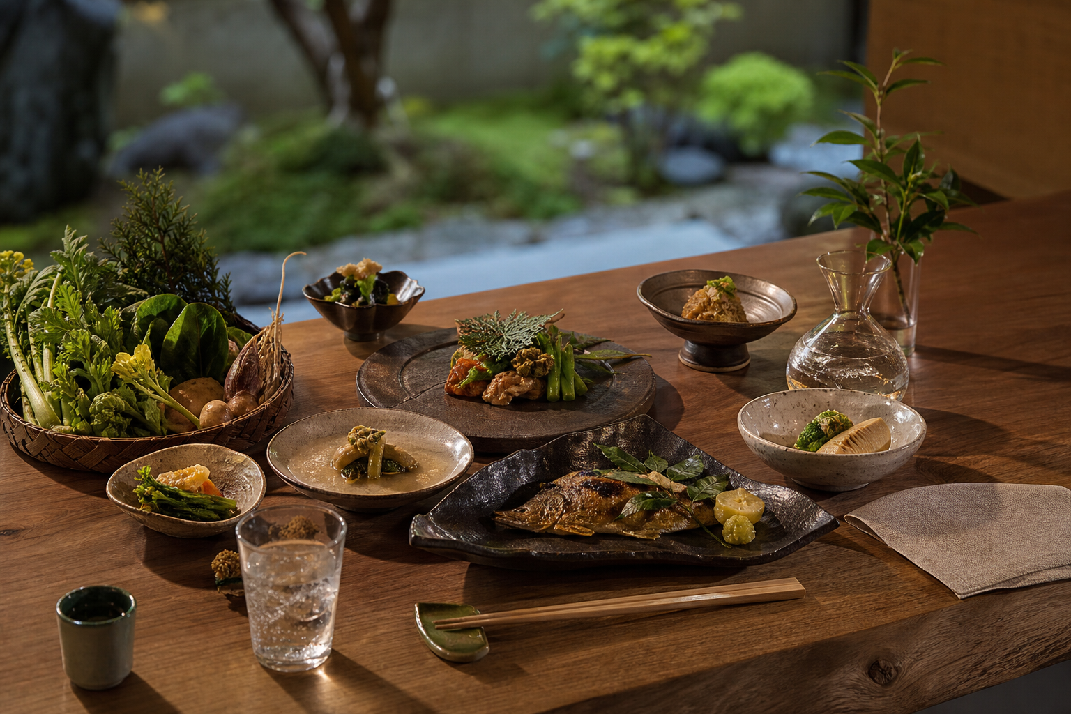 山の恵みを盛り付けた季節の会席料理