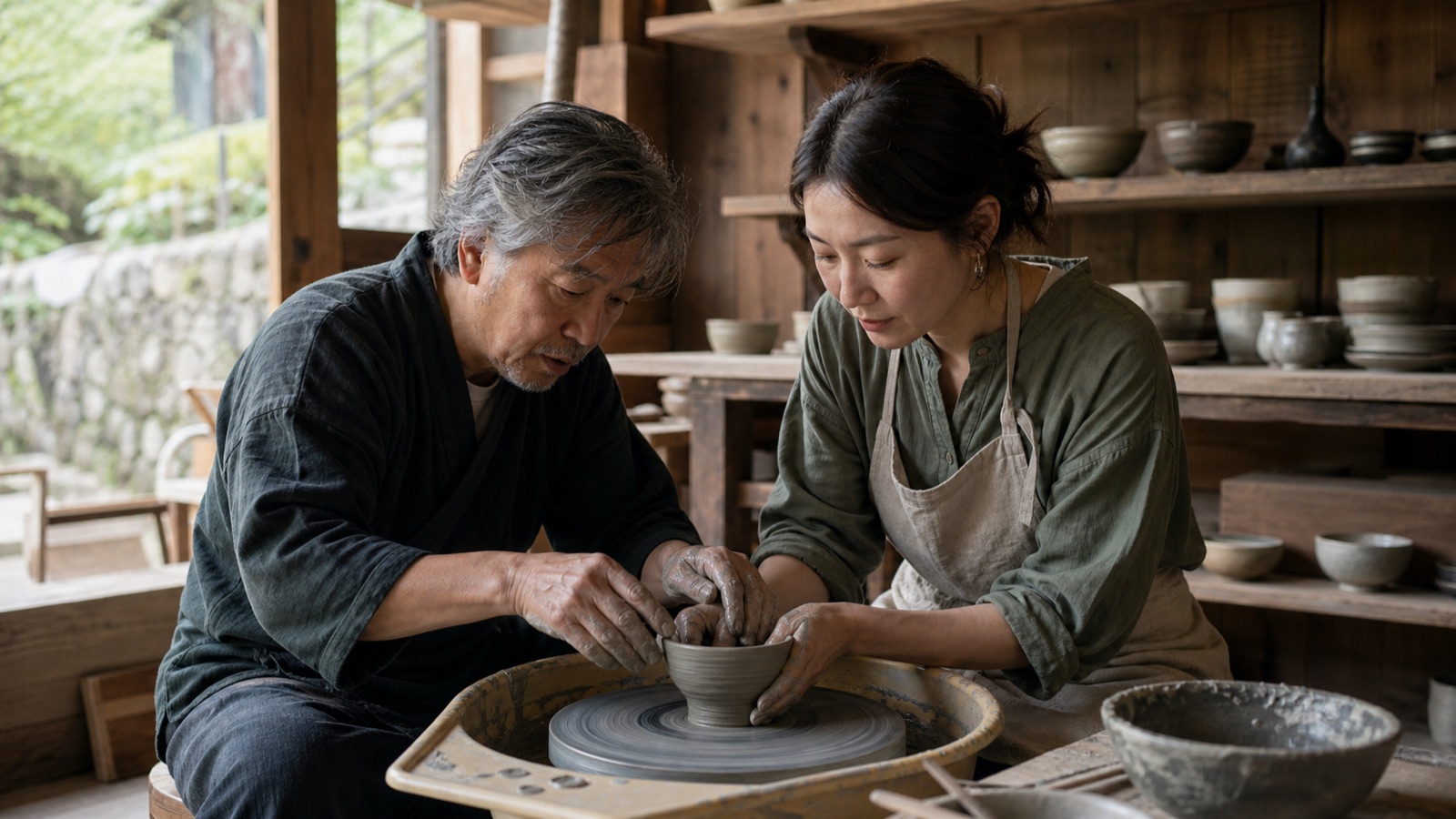 山の工房で陶芸家と茶碗を作る体験