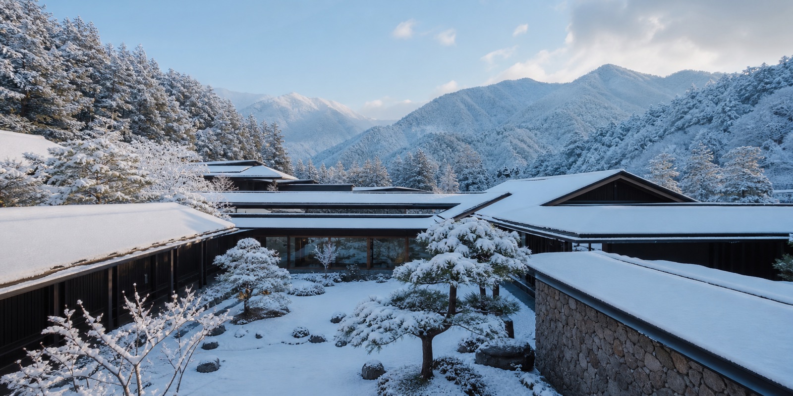 雪に包まれた山際のホテルと中庭