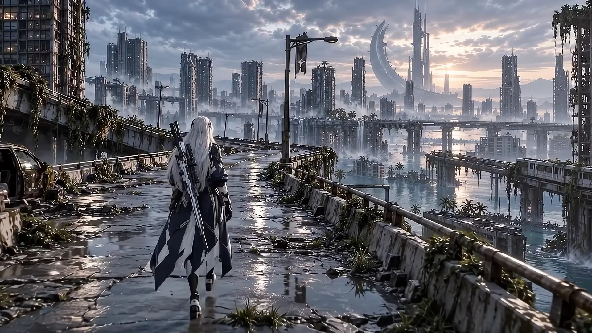 ゲーム紹介映像の一場面。イリスが水没都市リムナの高架を歩き、三日月形の塔を望む