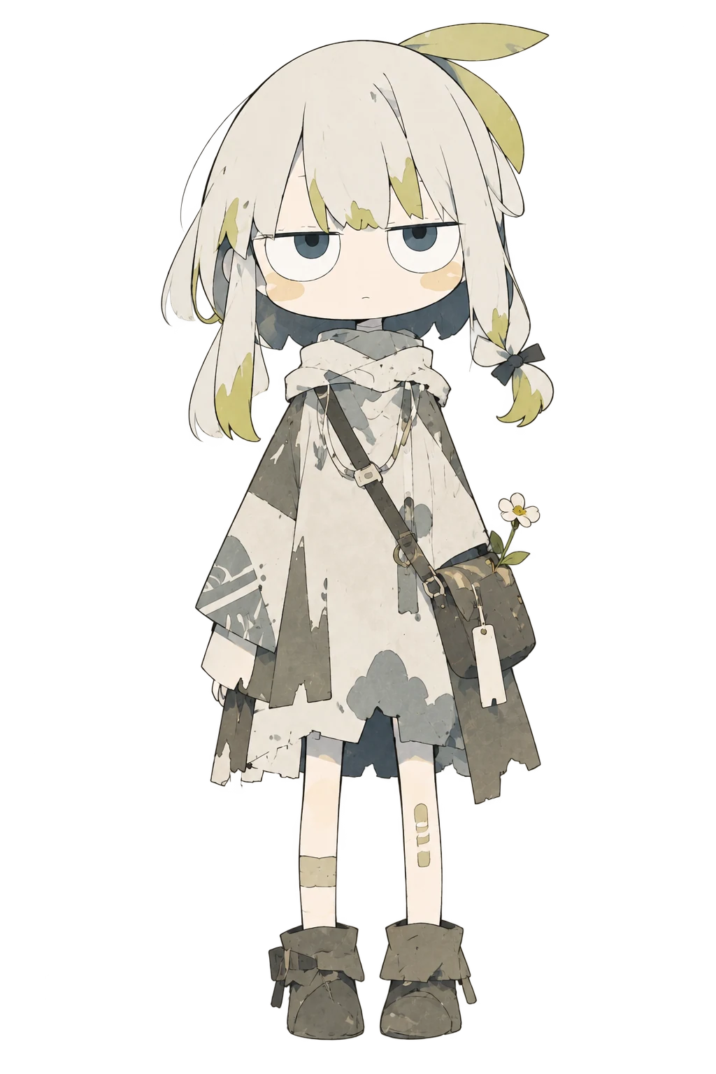 白い髪に葉を飾り、古びた服と肩掛け鞄を身につけた少女ユノア